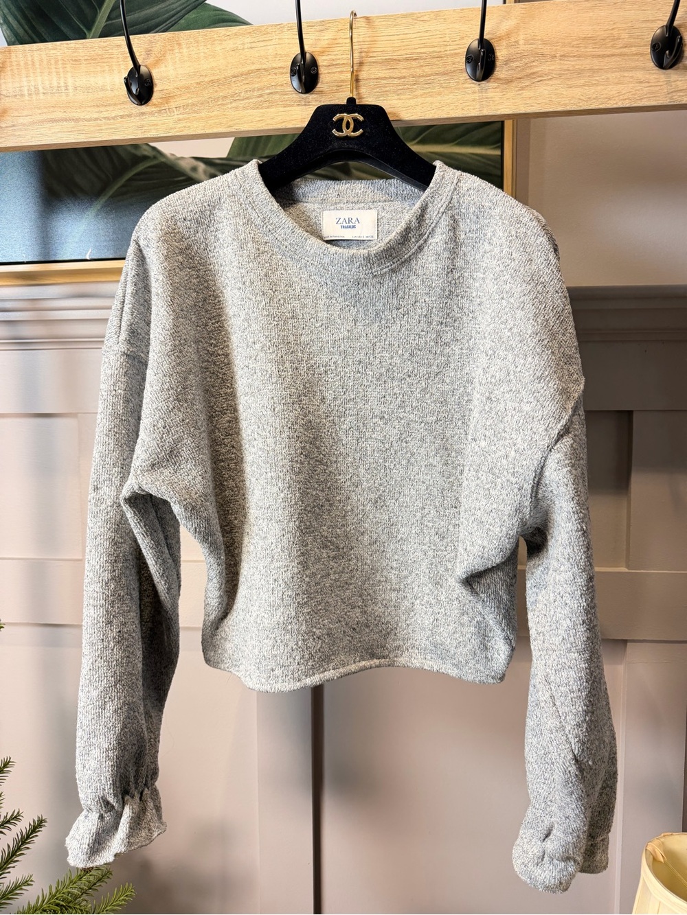 Zara Light Heather Gray Cropped Crewneck Sweater S